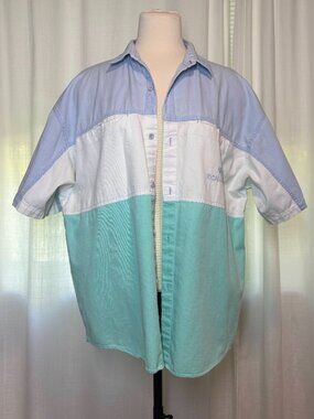 Vintage Button-Up Sailing Shirt in Light Blue/White/Teal